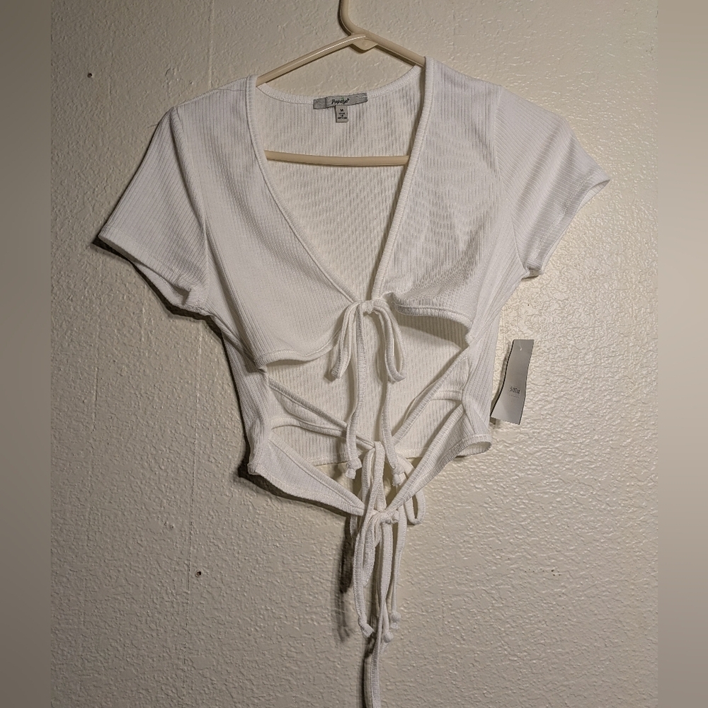Papaya White Asymmetrical Tie-Front Crop Blouse Size M